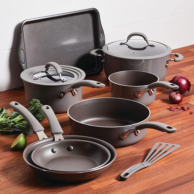 Rachael Ray Cook + Create Nonstick Cookware/Pots and Pan Set, 10 Piece, Gray