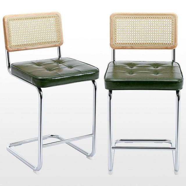 Zesthouse 24'' Counter Height Bar Stools Set of 2 for Kitchen Counter, Modern Rattan Bar Chairs, Faux Leather Upholstered Barstools Island Stool, Chrome Frame & Green