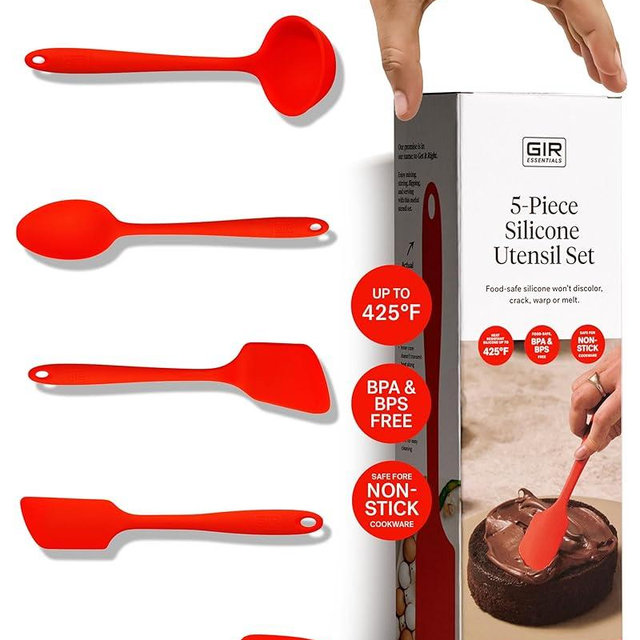 GIR: Get It Right - 5 Piece Essentials All Purpose Set - Ladle, Spatula, Flip, Spoon & Spoonula, Non-stick, Heat Resistant, Dishwasher Safe, Kitchen Utensils, Baking Supplies - Fire Red