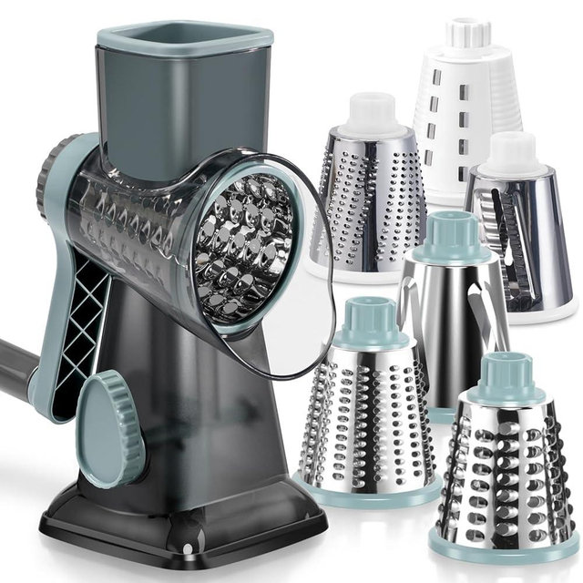 KEOUKE Rotary Cheese Grater Pro 6 in 1 - Shredder Crinkle Slicer Grinder Ice Shaver, Stable Suction, Time-saving Easy Use & Clean, Safe Morden Kitchen Tool for Cheese, Vegetable, Nuts, Chocolate