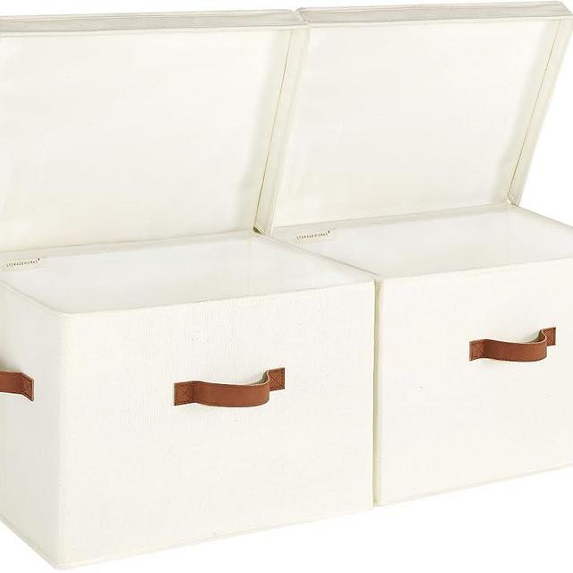 StorageWorks Closet Storage Bin with Lids, Decorative Storage Boxes with Handles, Fabric Storage Bins for Clothes, Jumbo, Ivory White, 2-Pack