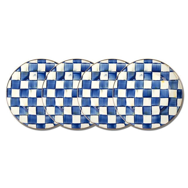 MACKENZIE-CHILDS Enamel Dinner Plate, Decorative Dinnerware Plate, 10 Inches, Set of 4, Blue-and-White Royal Check