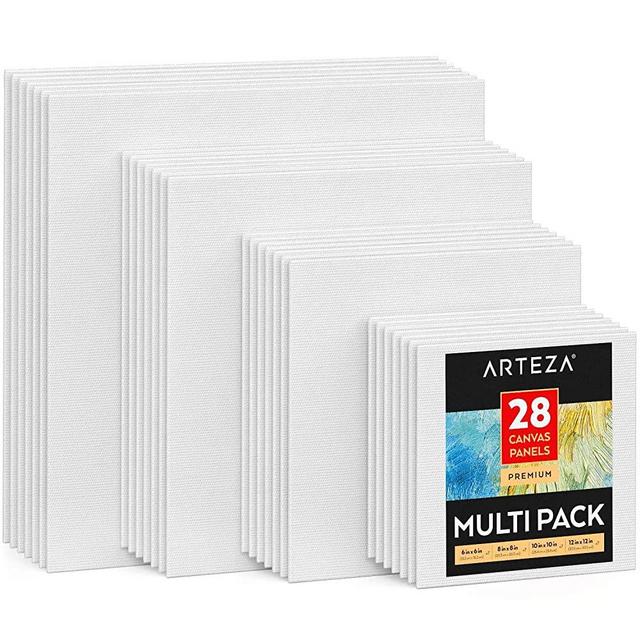 Arteza Canvas Boards for Painting, Multipack of 28, 6 x 6, 8 x 8, 10 x 10, 12 x 12 Inches, Square Canvas Panels, 100% Cotton, 12.3 oz Gesso-Primed, Art Supplies for Acrylic Pouring and Oil Painting