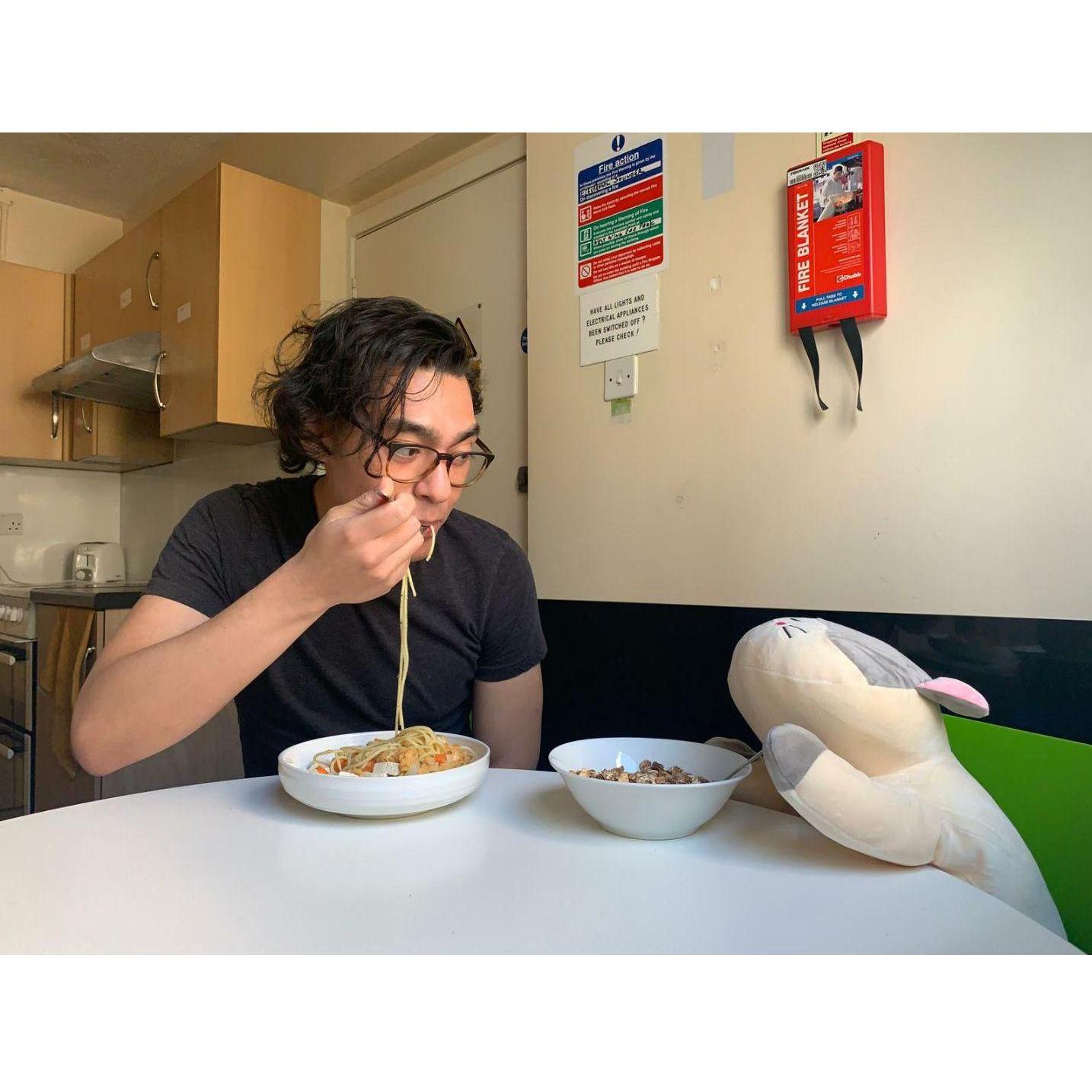 Before Renee and Nestor were officially "dating," she sent him a stuffed animal to hug when they talked on the phone. Nestor promptly did a cute photoshoot with it. This is Renee's favorite picture