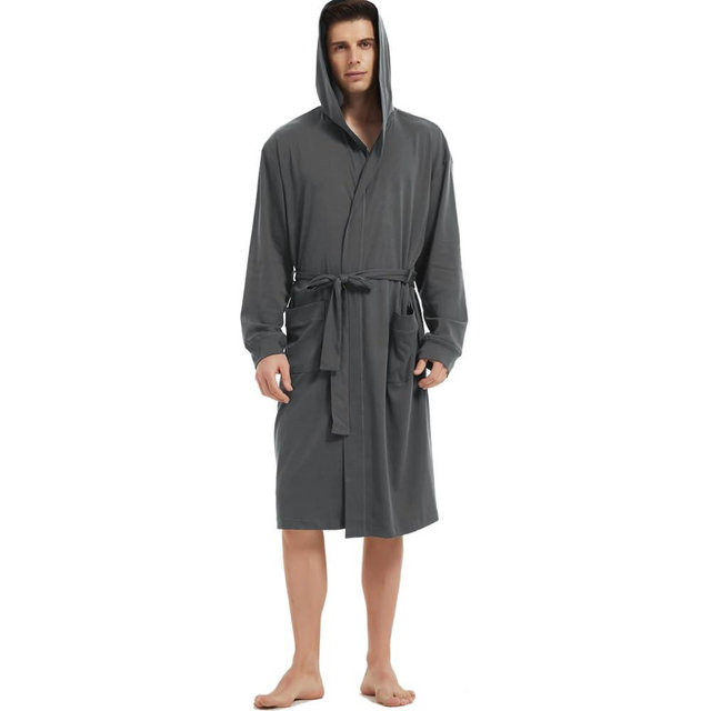 HOLOVE Men's Pure Cotton Bathrobe Lightweight Kimono and Hooded Spa Robes Soft Sleepwear