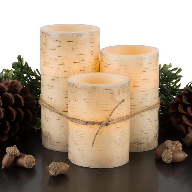 Flickering Flameless LED Candles with Birch Bark- Set of 3 Battery Operated Real Wax Pillar Candles with Remote Control and Timer by Lavish Home