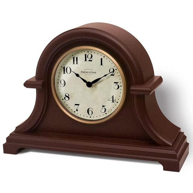 PresenTime & Co Vintage Farmhouse Table Clock Series Napoleon Mantel Clock,13 x 10 inch, Domed Lens, Quartz Movement, Walnut Brown Color