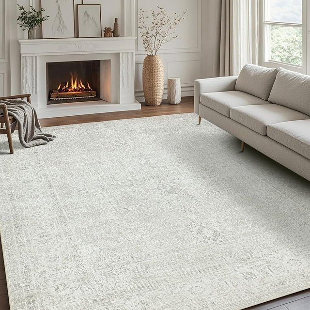 Srugn Washable Rugs 5x7 Area Rugs for Living Room,Bedroom,Large Carpets,Ultra Soft Faux Wool Retro Dining Room Rug,Non Slip&Non-Shedding Low Pile Vintage Rugs for Home Office,Concrete Grey