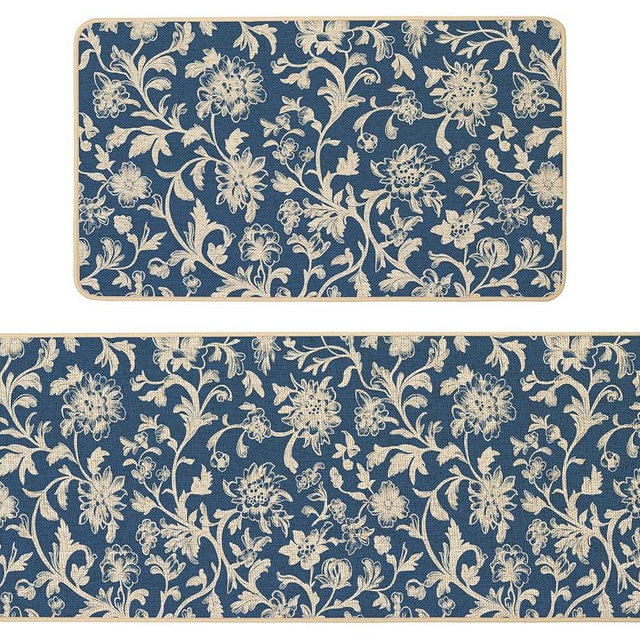 Baccessor Blue Floral Kitchen Mats Set of 2,Monochrome Sketch Retro Vintage Flowers Kitchen Rugs Absorbent Non Slip Low-Profile Washable for Spring Summer Floor Home Decor 17x29 and 17x47 Inch