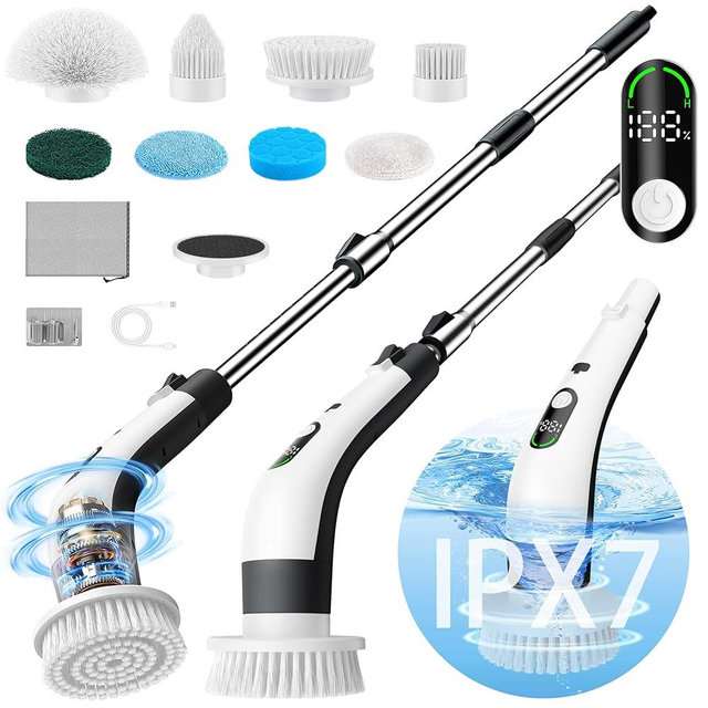 Vaxbree Electric Spin Scrubber with LED Display, IPX7 Waterproof Powerful Shower Scrubber, 2H Runtime, 2 Speeds, Adjustable Handle, 8 Brush Heads for Bathtub Tile Car-Black and White