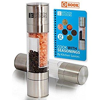 Stainless Steel Salt and Pepper Grinder Combo Set by Monster Kitchen – All In One Salt & Pepper Mill with Ceramic Grinding for Spices Sea Salt Himalayan Salt Peppercorn, Unique Gift for Chefs & Cooks