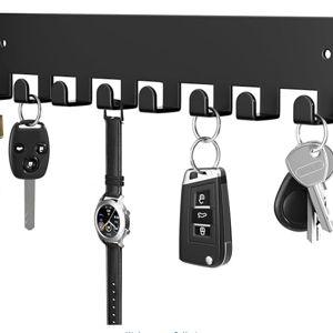 pickpiff Key Holder Wall Mount, Adhesive Key Rack with 8 Hooks Hanger for Car Key Ring, Metal Key Chain Organizer, Black 1 Pack
