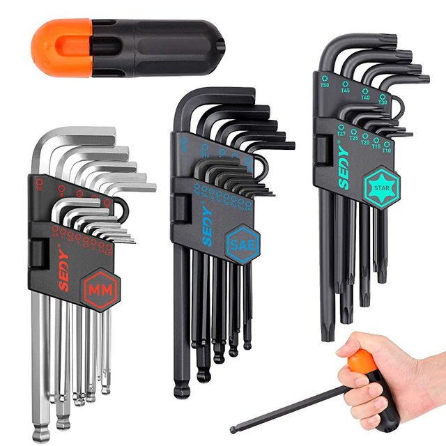 SEDY 36-Pieces Hex Key Allen Wrench Set, Long Arm Ball End Hex & Torx L-Key Set, SAE & Metric Hex, Star/Torx Allen Wrench Tool Set with Torque Handle and Black Storage Bag, S2 Steel