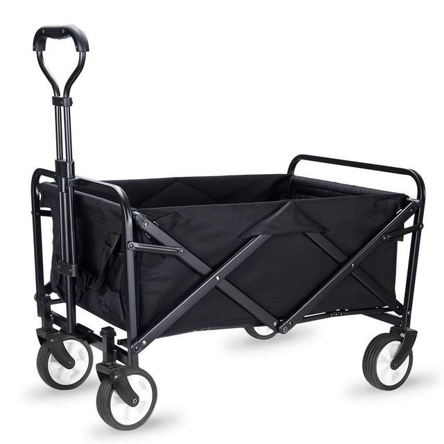 WHITSUNDAY Collapsible Folding Garden Outdoor Park Utility Wagon Picnic Camping Cart with Replaceable Cover (Compact Size 5" Wheels, Black)
