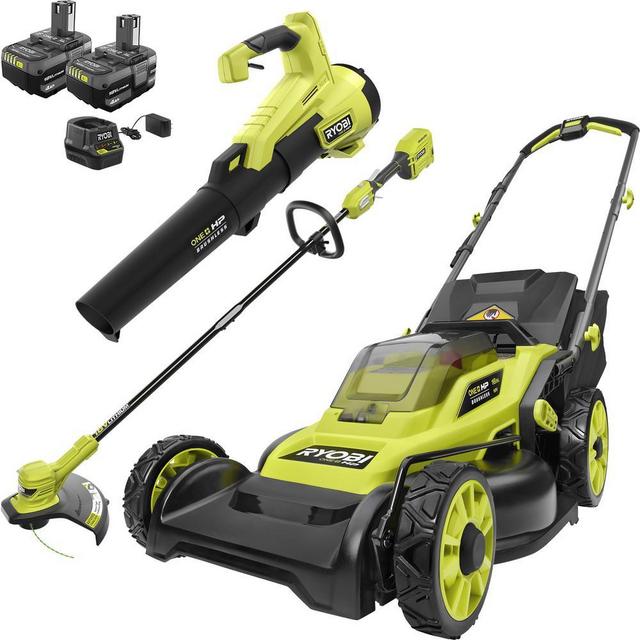 ONE+ HP 18-Volt Lithium-Ion Cordless Battery Walk Behind Push Lawn Mower + Trimmer + Blower - (3) Batteries & Charger