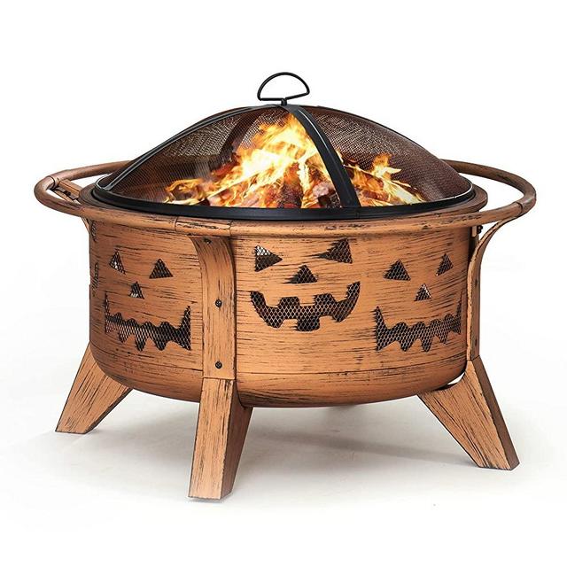 Sunjoy 30 in. Outdoor Wood-Burning Fire Pit, Patio Jack-o-Lantern Motif Round Steel Firepit Large Fire Pits for Outside with Spark Screen and Poker