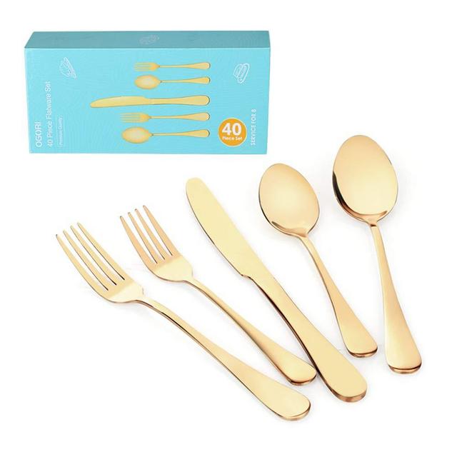 OGORI 40-Piece Gold Silverware Flatware Set for 8, Superior Stainless Steel Cutlery Set, Mirror Finish