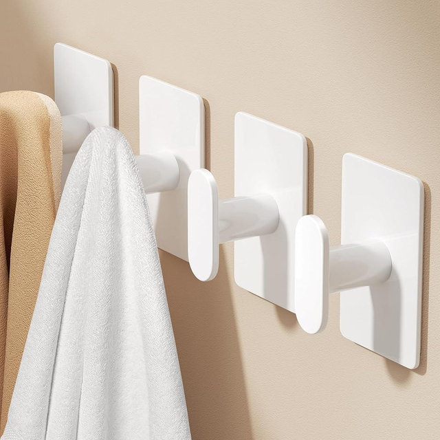 pickpiff Adhesive Towel Hooks for Bathroom: 20LB Extra Strong Wall Hanger for Shower Kitchen RV Dorm Apartment, White 4 Pack