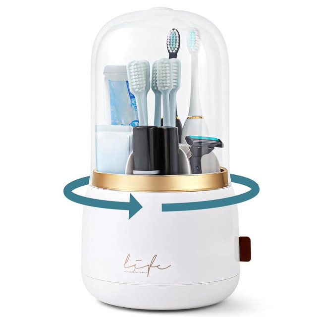 EXIN DECHEN Toothbrush Holders with Cover for Bathrooms, 360° Rotating 7-Slot Draining Water for Placing Kids Electric Toothbrushes,Toothpaste,Razors,Bathroom Counter Dresser Vanity Organizer(White)