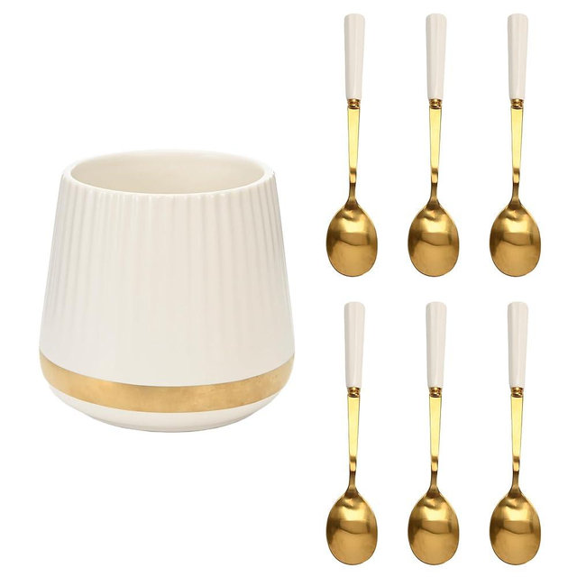6PCS Coffee Spoons with Ceramic Jar Holder, Small Stainless Steel Gold Tea Spoons, Mini Dessert Spoons Set for Fruit, Stirring, Mixing, Sugar, Ice Cream, Cake (White)