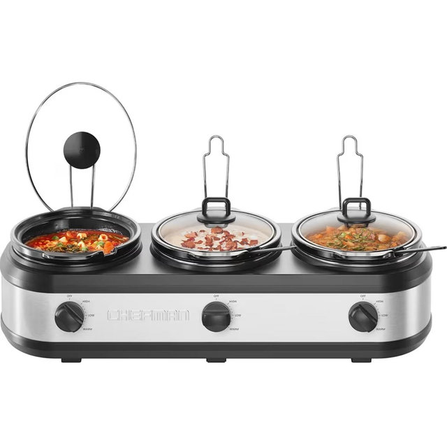 Chefman Triple Slow Cooker & Food Warmer, Three Crock Slowcooker with 2.5 Qt. Ceramic Crocks, 7.5-Quart Total Capacity, PFAS-Free, Three Temperature Settings, Dishwasher-Safe Parts – Stainless Steel