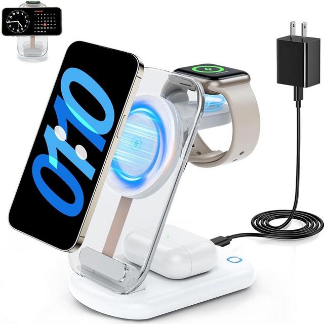 2025 Magnetic Wireless Mag-Safe Charger Stand,3 in 1 Charger with Light for iPhone 16 15 14 13 12 Pro Max Plus,Charging Pad for Apple Watch Series & Air pods 4 3 2 Pro(White)