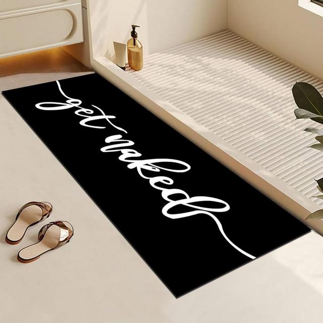 MUGINYU Get Naked Long Black Bathroom Rug,Funny Quick Dry Bath Mat Absorbent Non-Slip Thin fit Under Door,Diatomite Stone Bathroom Runner Rug for Floor Mats with Rubber Backing