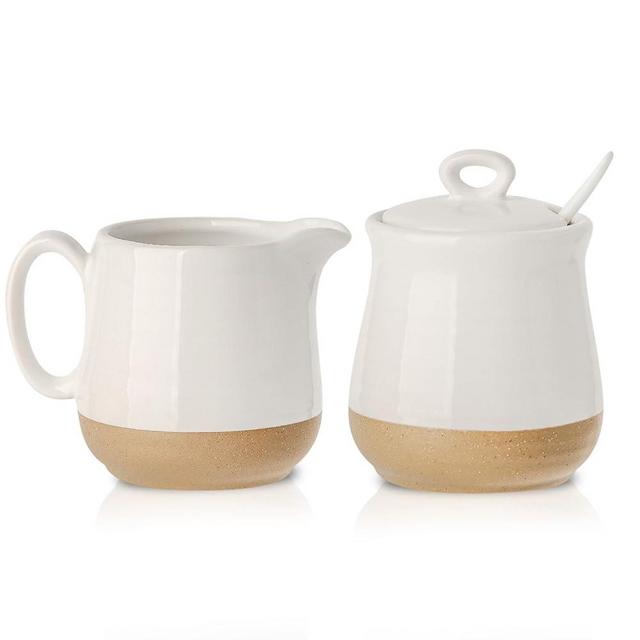 Hasense Ceramic Sugar and Creamer Set, Sugar Bowl with Lid and Spoon, Cream Pitcher, Cute Coffee Serving Set for Wedding Gift and Home Decor, Dishwasher Safe, White