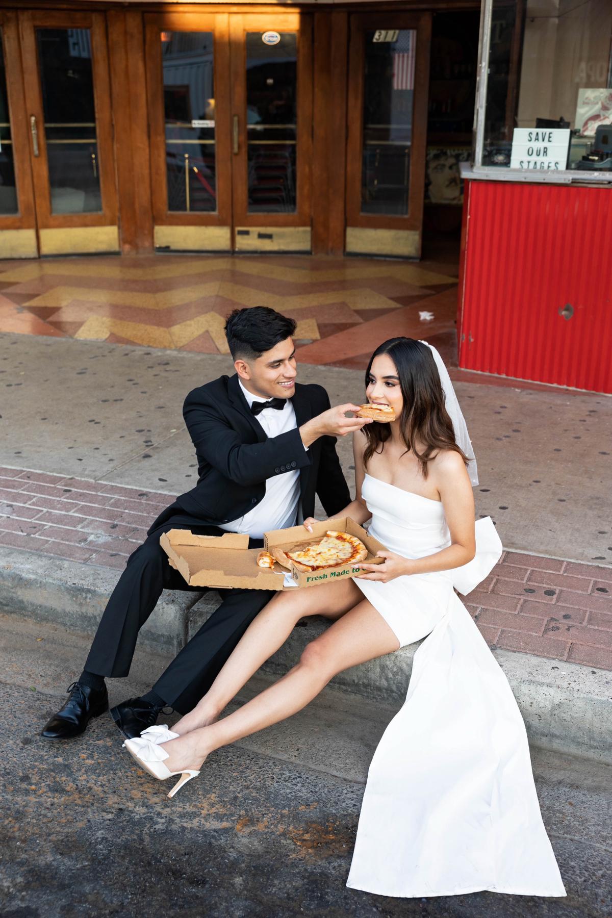 We decided to have our engagement shoot incorporate what we love to do on date night:  Cinemark with a slice of pizza.
