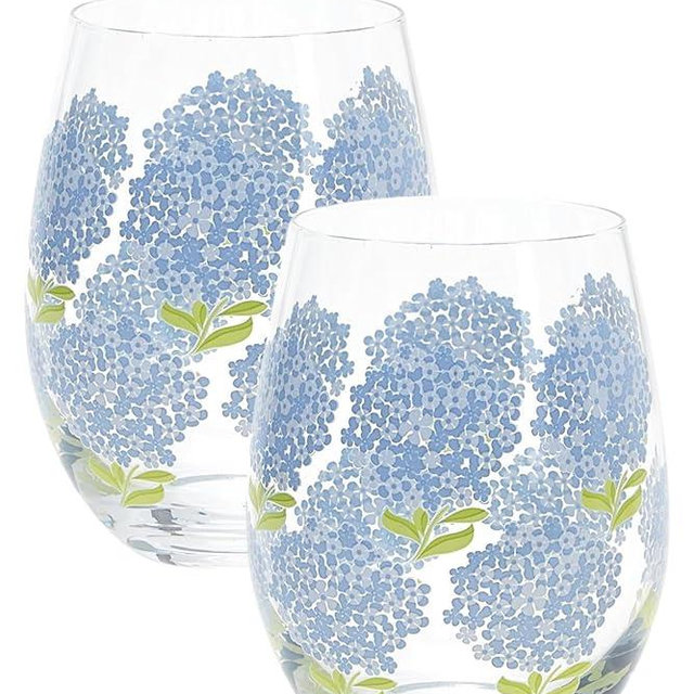 Two's Company Inc. Blue Hydrangea Stemless Wine Glass (16 oz, hand wash recommended) - Glass Set of 2, Large, 54235