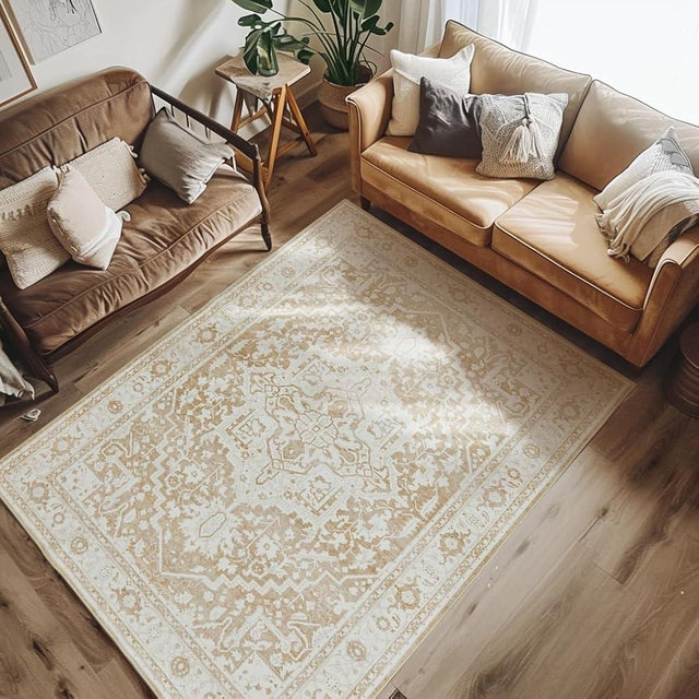 jinchan 4x6 Area Rugs for Bedroom - Machine Washable Tribal Vintage Floral Stain Resistant Ultra-Thin Low-Pile Non-Slip Distressed Carpet for Living Room Dining Room Kitchen (4x6ft,Taupe)
