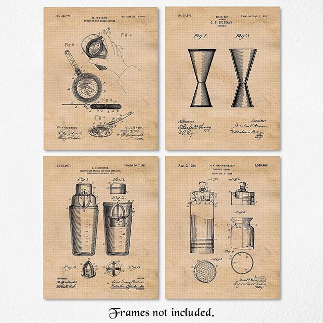 Vintage Bartender Cocktail Patent Art Poster Prints, Set of 4 (8x10) Unframed Photos, Great Wall Art Decor Gifts Under 20 for Home, Office, Garage, Man Cave, Lounge, Bar, Mixologist, Student, Fan