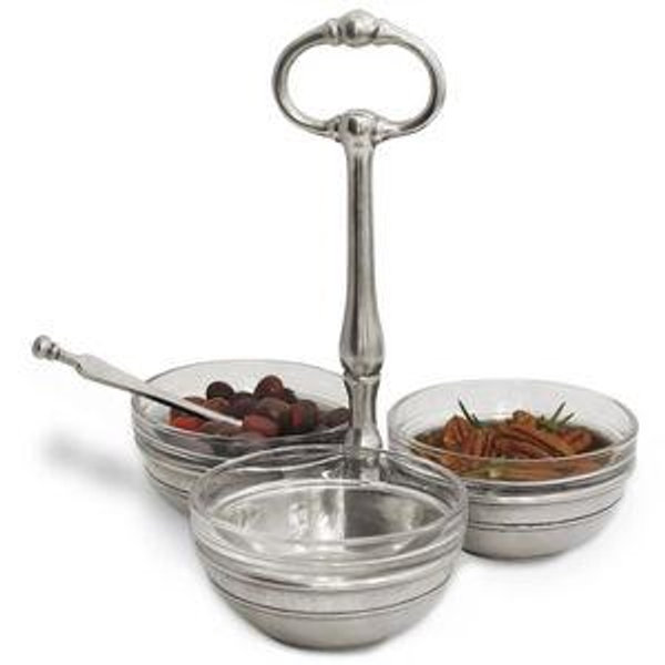 MATCH Modern Clear Glass 3 Section Pewter Condiment Server