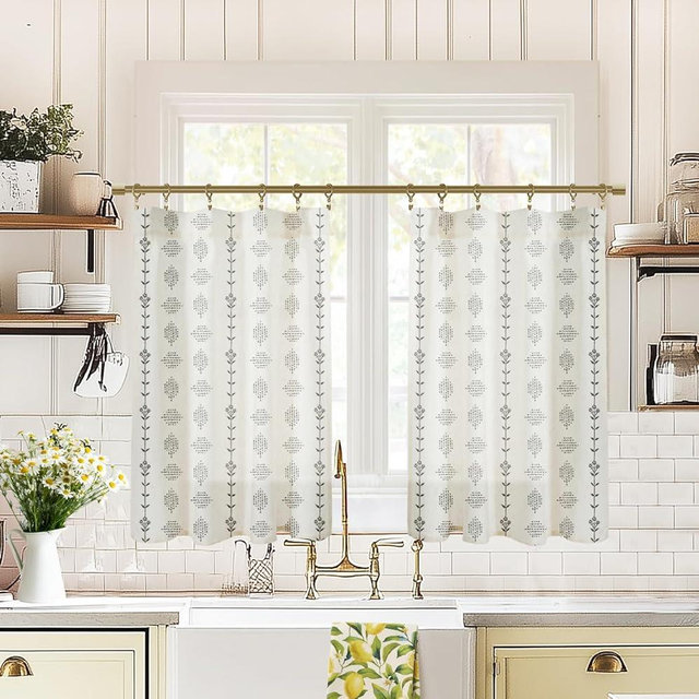 Lino Rosa 30 Inch Curtains Length for Cafe RV Camper,Shabby Chic Farmhouse Sheer Short Curtains for Small Windows,Black and Ivory White