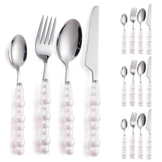 Pearl Ceramic Handle Kitchen Stainless Steel Silverware Tableware Flatware Cutlery Set Creative Hotel Home Steak Knife Dessert Spoon (White,16 pieces)