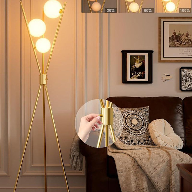 ACOHOOK 3 Globe Dimmable Tripod Floor Lamp, Mid Century Standing Lamps with 3Pcs 3000K Bulbs Included, Modern Tall Lamp for Living Room Bedroom Office-Gold