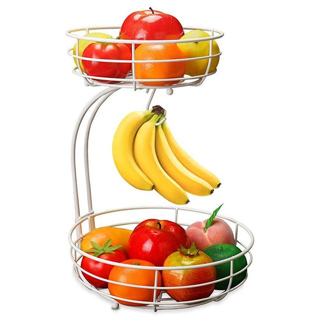 Auledio 2-Tier Countertop Fruit Vegetables Basket Bowl Storage With Banana Hanger,White