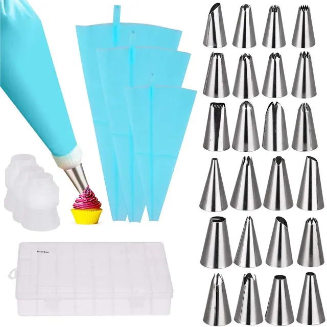 Cheer Collection 30-Piece Cake Decorating Kit with 24 High Quality Stainless Steel Tips, Reusable Pastry Bags, Couplers & Storage Case