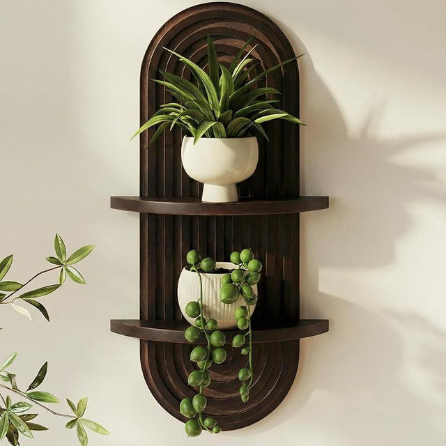 Bamworld Boho Wall Decor Plant Wall Shelf Mid Century Modern Decor Hanging Plant Shelf 2-Tier Wooden Floating Shelves for Home Bathroom Bedroom Living Room Office Holding Planter Decoration Walnut