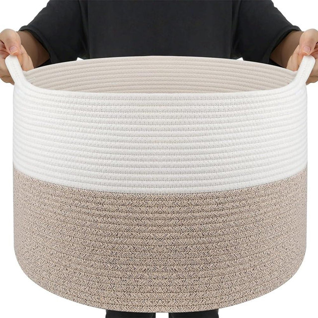 Throw Blanket Basket for Living Room, Extra Large Cotton Rope Basket for Storage, Woven Laundry Basket with Handles, Baby Toy Storage Basket, Towel Basket, 22" x 22" x 14" Pillow Basket