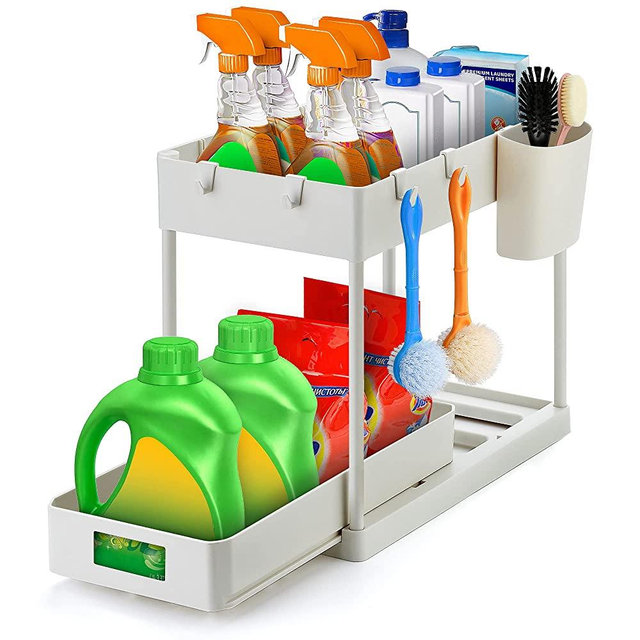 Ravinte 1 Pack Pull Out Under Sink Organizer 2 Tier Multi Purpose Sink Organizers Storage For Bathroom Kitchen Sink Storage Organizer With Hook & Hanging Cup White Sliding Cabinet Organizer