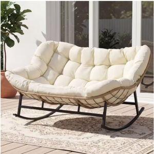 Wicker Outdoor Rocking Chair with Beige Cushion, Double Patio Lounge Seat