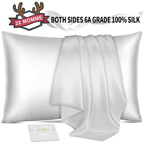 Winjoy Silk Pillowcase for Hair and Skin,22 Momme 100% Natural Mulberry Silk Pillowcases King Size with Hidden Zipper,Soft Breathable Both Sides Pure Silk,1Pack,White