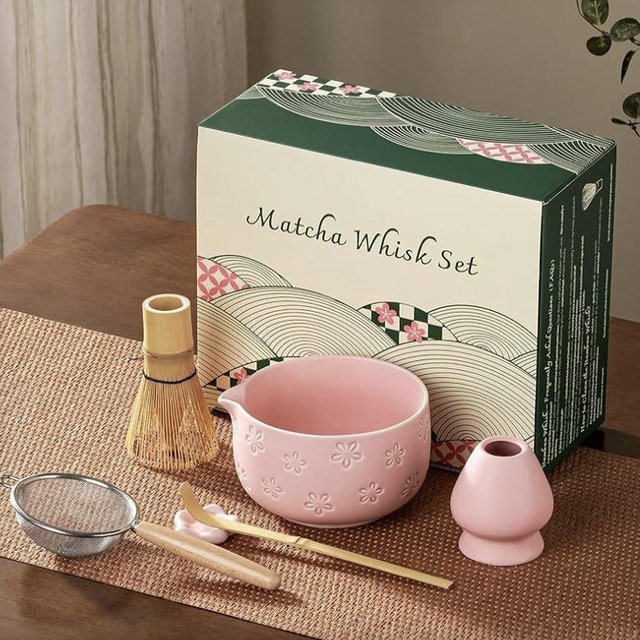 Matcha Whisk Set, Ceramic Matcha Set, 6 Pcs Matcha Kit Includes Matcha Bowl, Matcha Whisk with Holder, Bamboo Scoop, Scoop Rest, Sifter, Ceremonial Matcha Tea Set, Perfect Gifts, Pink