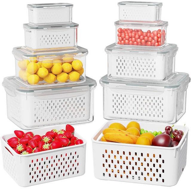8 Pcs Fruit Storage Containers for Fridge (with Drain Basket) - Leak-Proof Food Containers, BPA-Free, Keep Fruits, Vegetables, Berries, and Meats Fresh for a Long Time, Dishwasher and Microwave Safe