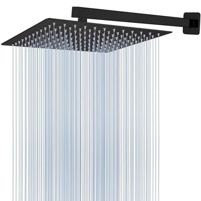 Voolan Rain Shower Head with Extension Arm, Stainless Steel Ultra-thin Waterfall Rainfall Showerheads, High Flow Bathroom Square Fixed Shower Head (12’’ Shower Head with 16’’ Shower Arm, Black)