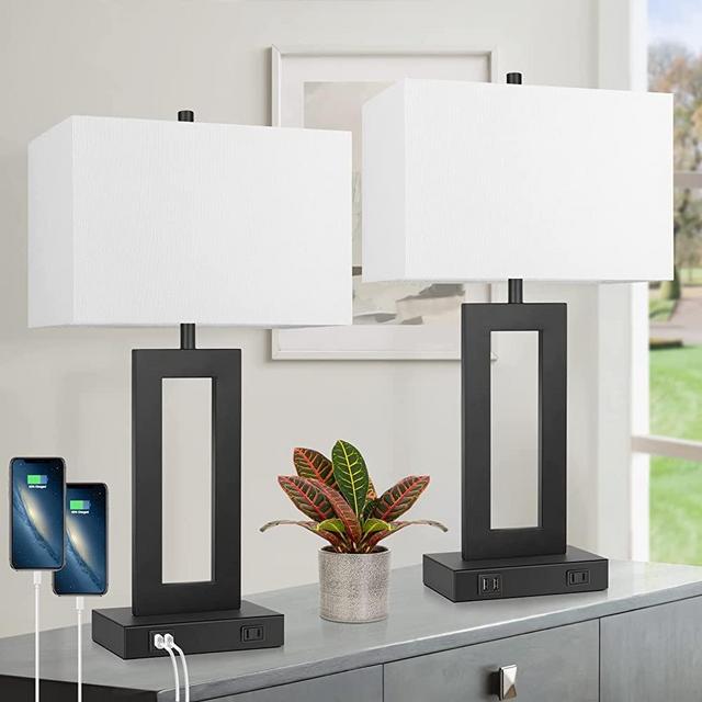 Set of 2 Modern Touch Control Table Lamps with 2 USB Ports, Bedside Nightstand Lamps 3-Way Dimmable Desk Lamp with White Fabric Shade for Bedrooms Living Room Reading, 2 LED Bulbs Included