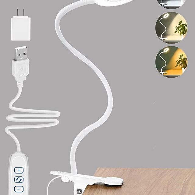 Desk Lamp with Clamp, LED Ring Light with 3 Color Modes 10 Brightness Levels, 360°Adjustable Gooseneck, Eye-Caring Book Clamp Light for Bed Headboard Reading Video Conference Makeup Eyebrow (White)