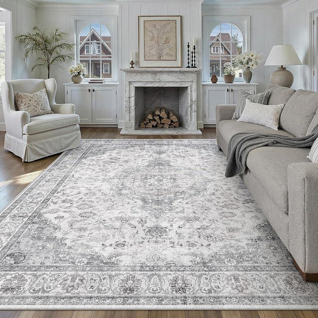 HUGEAR Area Rug 8x10 Vintage Grey Machine Washable Living Room Rugs Thin Neutral Floral Vacuumable Low Pile Carpet Bedroom Office Dining Room Laundry Room Non Slip Soft Lightweight