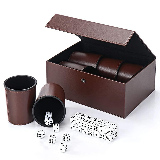 Party Games Leather Dice Cup Set, 6 Black Leather Dice Cups + 30 Dice + Exclusive Storage and Transport Case Made of Faux Leather